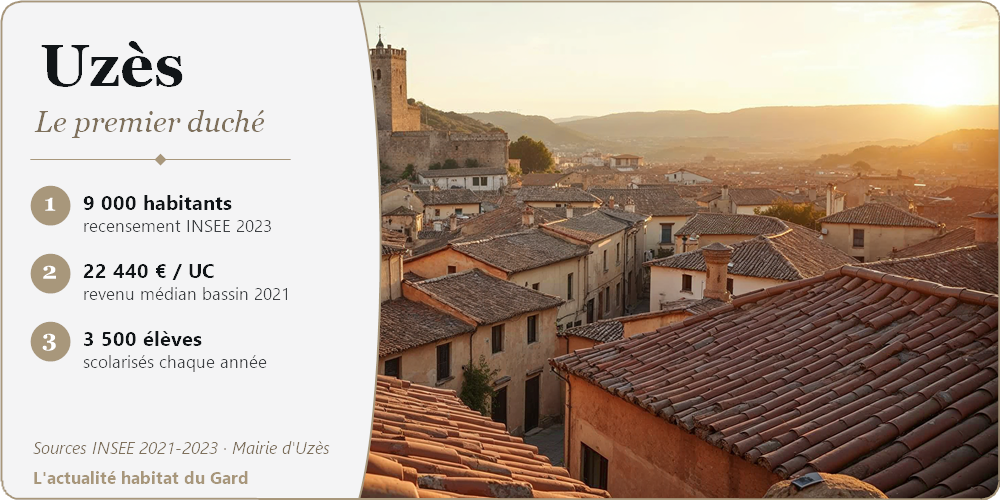 Vue de la vieille ville d'Uzès au coucher du soleil avec la tour du duché médiéval, panneau info 3 chiffres INSEE