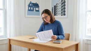 Une femme lit un contrat de location à un bureau avec une calculatrice, devant des cadres illustrant des logements.