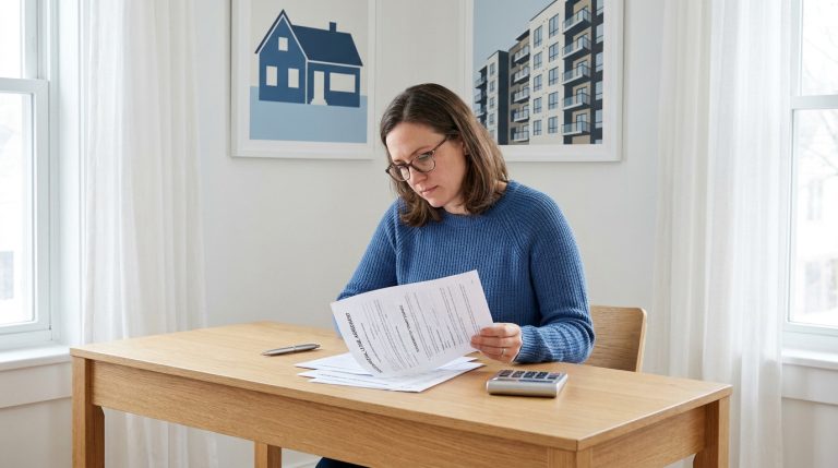 Une femme lit un contrat de location à un bureau avec une calculatrice, devant des cadres illustrant des logements.