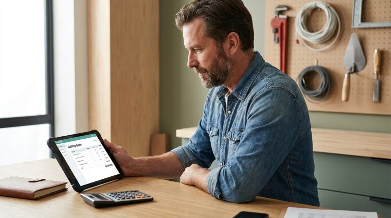 Un artisan barbu en chemise en jean consulte un devis sur sa tablette dans un atelier avec des outils au mur.