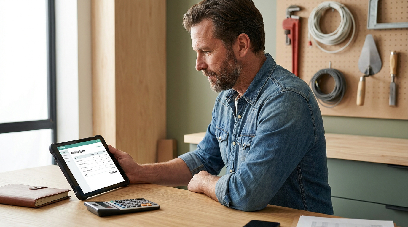 Un artisan barbu en chemise en jean consulte un devis sur sa tablette dans un atelier avec des outils au mur.