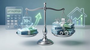 Une balance d'équilibre illustrant l'abattement fiscal de 30% sur des revenus locatifs en euros.