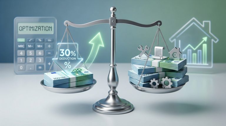 Une balance d'équilibre illustrant l'abattement fiscal de 30% sur des revenus locatifs en euros.