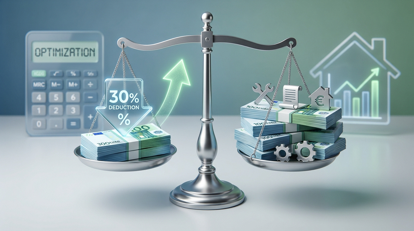 Une balance d'équilibre illustrant l'abattement fiscal de 30% sur des revenus locatifs en euros.