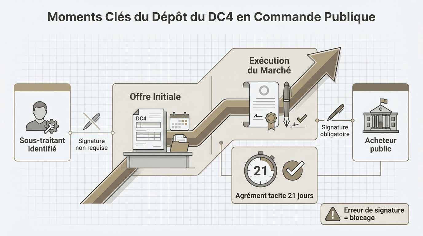 Chronologie du dépôt du formulaire DC4 entre l'offre initiale et l'exécution du marché public