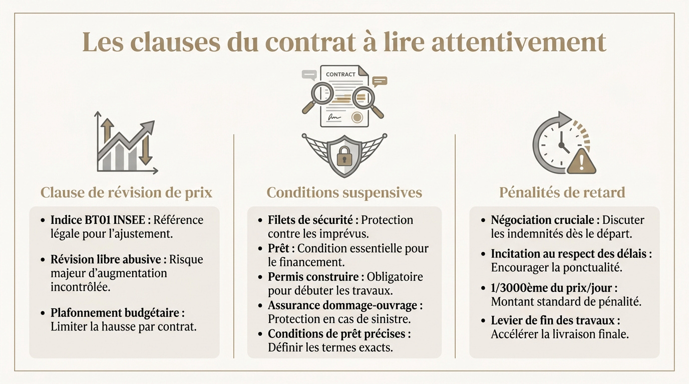 Examen minutieux des clauses d'un contrat de construction de maison individuelle avant signature