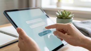 Une personne utilisant une tablette tactile pour se connecter à une interface numérique.
