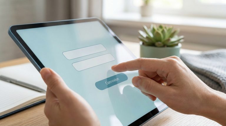 Une personne utilisant une tablette tactile pour se connecter à une interface numérique.