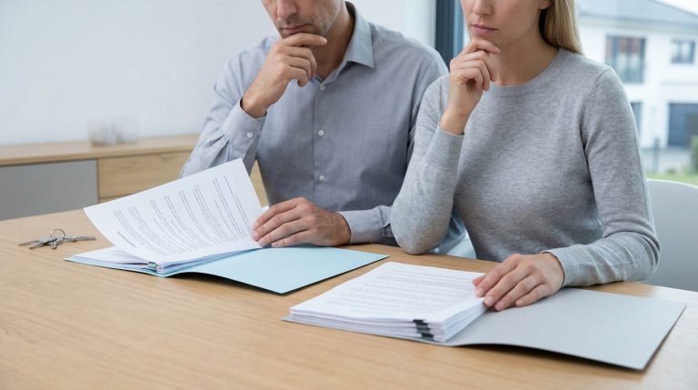 Un couple concentré lit attentivement des documents juridiques sur une table en bois avant une signature immobilière.