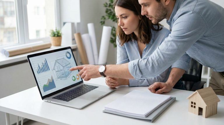 Un couple examine les plans de leur future maison et des statistiques de projet sur un ordinateur portable au bureau.