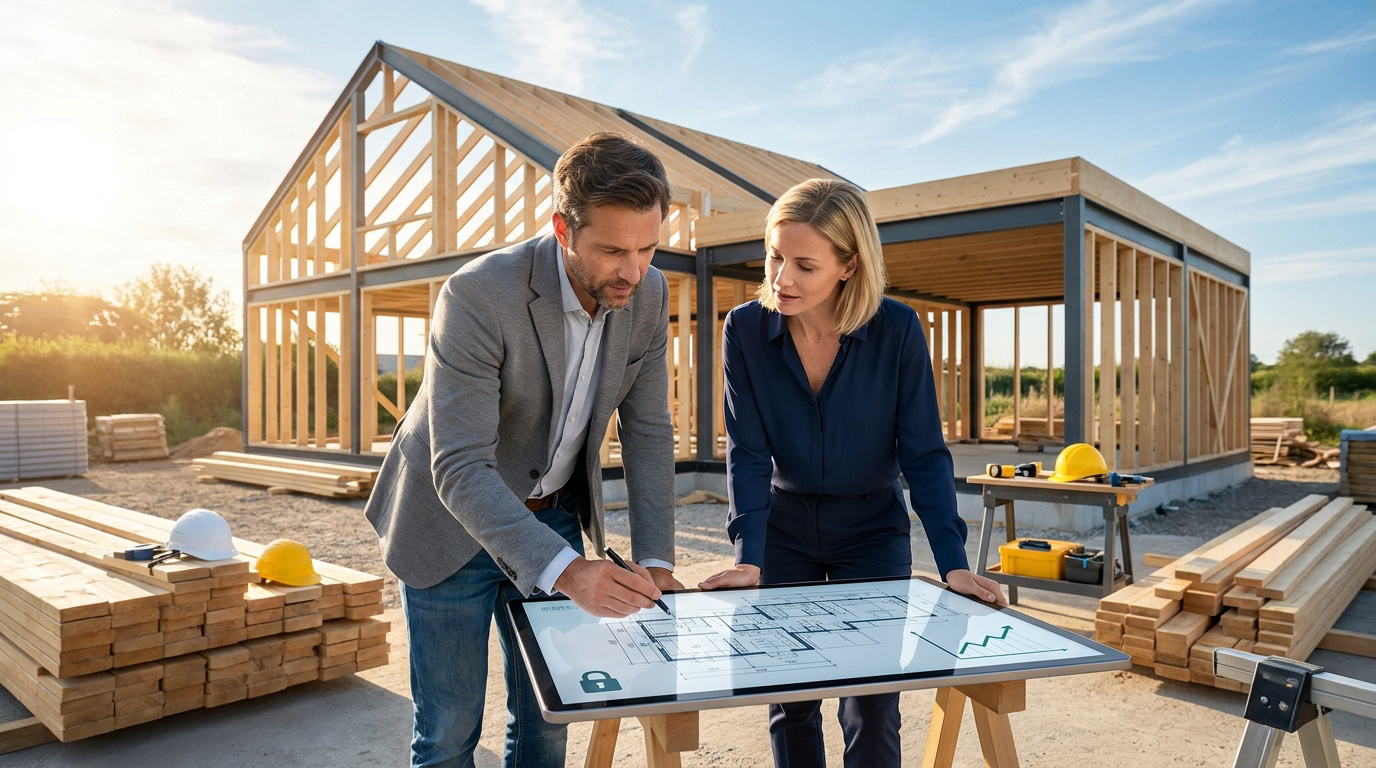 Un architecte et une cliente analysent des plans numériques sur un chantier de construction avec une structure en bois.