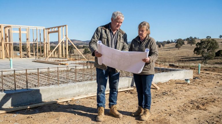 Un couple mature examine des plans de construction devant le chantier d'une maison en ossature bois.