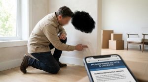 Un homme inspecte une trace d'humidité sur un mur tandis qu'un smartphone affiche des informations sur les droits immobiliers.