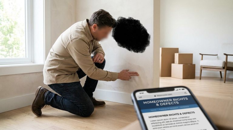 Un homme inspecte une trace d'humidité sur un mur tandis qu'un smartphone affiche des informations sur les droits immobiliers.