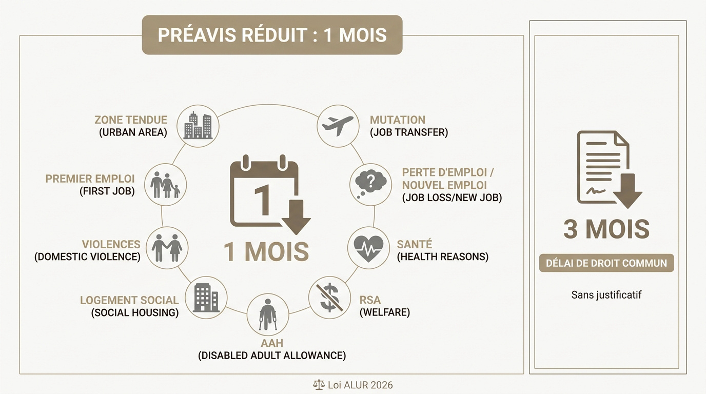 Comparaison entre le préavis de 3 mois et le préavis réduit de 1 mois pour un logement