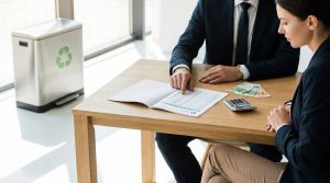 Un homme et une femme en tenue professionnelle analysent des documents financiers avec une poubelle de recyclage à côté.
