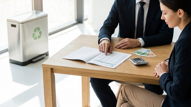 Un homme et une femme en tenue professionnelle analysent des documents financiers avec une poubelle de recyclage à côté.