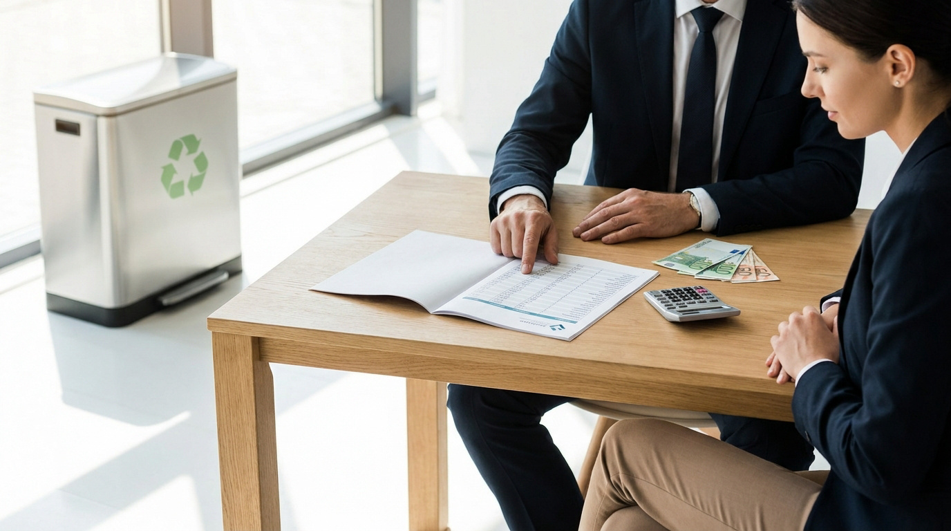 Un homme et une femme en tenue professionnelle analysent des documents financiers avec une poubelle de recyclage à côté.