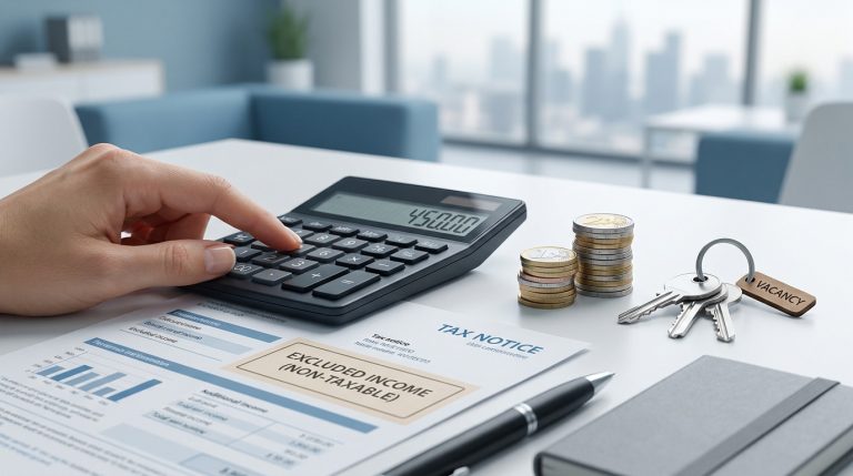 Une main utilisant une calculatrice sur un document financier avec des pièces de monnaie et un trousseau de clés.