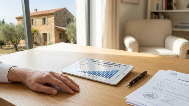 Une personne consulte une tablette avec un graphique d'estimation immobilière devant une maison en pierre.