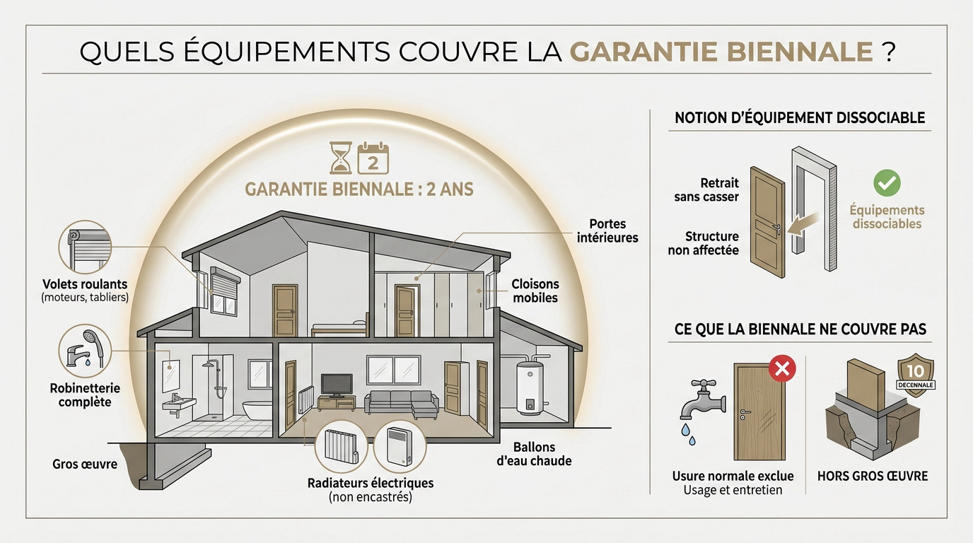 Exemples d'équipements de la maison couverts par la garantie biennale comme la robinetterie et les volets