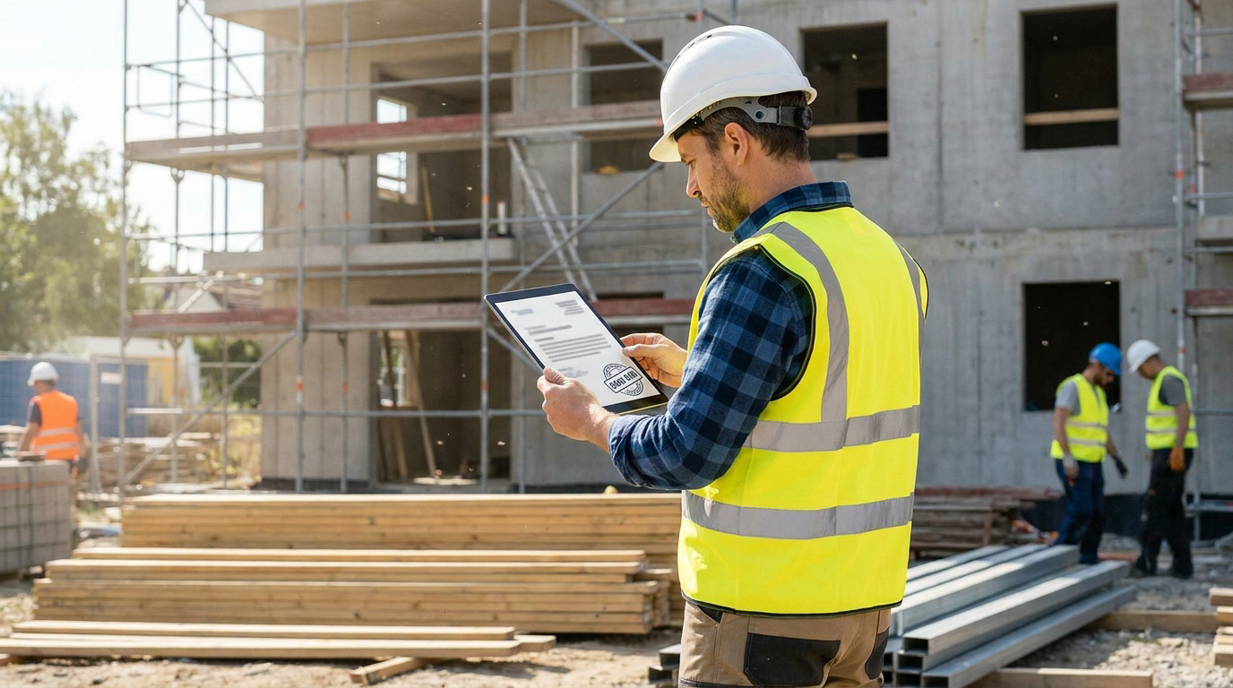 Ouvrier en gilet de sécurité consultant une attestation sur tablette numérique sur un chantier de construction.