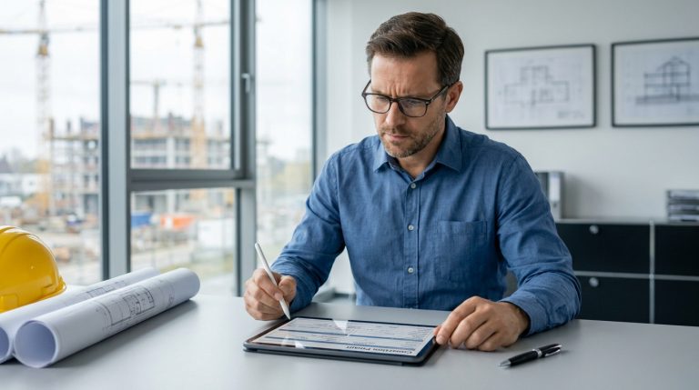 Homme d'affaires remplissant un formulaire administratif sur une tablette dans un bureau avec vue sur un chantier.