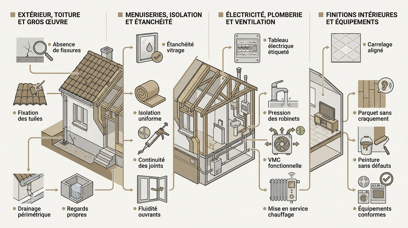 Inspection technique des éléments structurels et finitions d'une maison neuve lors de la réception