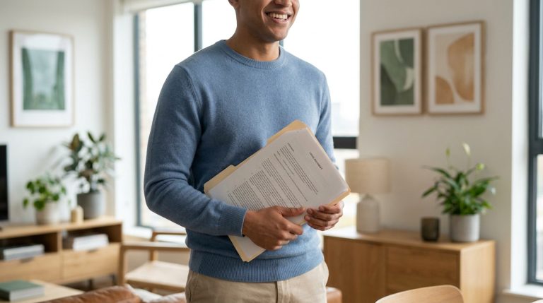 Un homme souriant tenant un dossier administratif dans un salon moderne et lumineux.