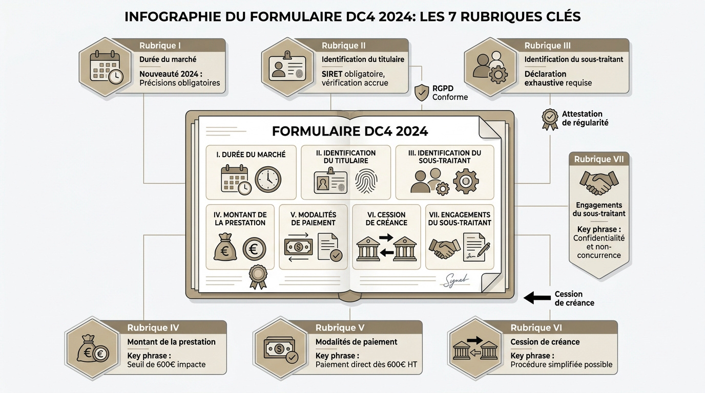 Infographie résumant les rubriques clés du formulaire DC4 2024 pour la sous-traitance