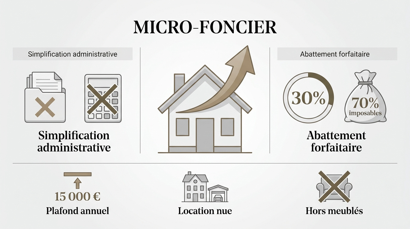 Infographie expliquant le fonctionnement du régime micro-foncier et l'abattement de 30 %