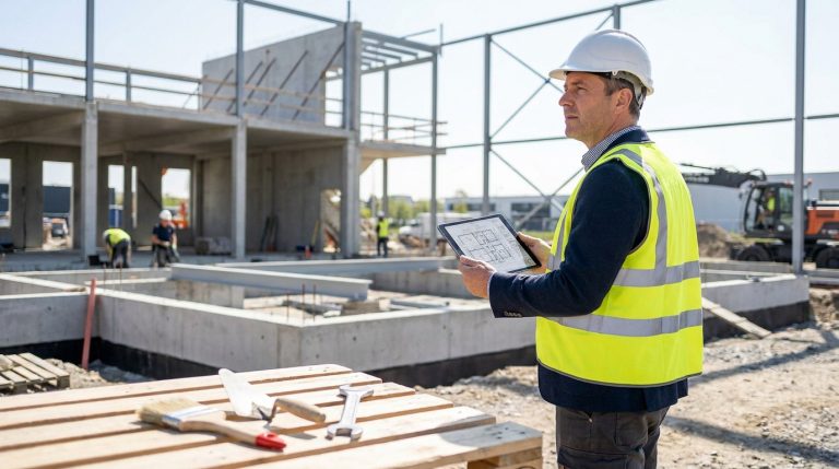 Architecte en gilet de sécurité et casque examinant des plans sur une tablette numérique sur un chantier de construction.