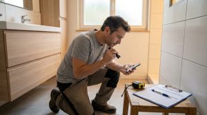 Un homme examine minutieusement une salle de bain avec une lampe torche et un smartphone pour la réception des travaux.