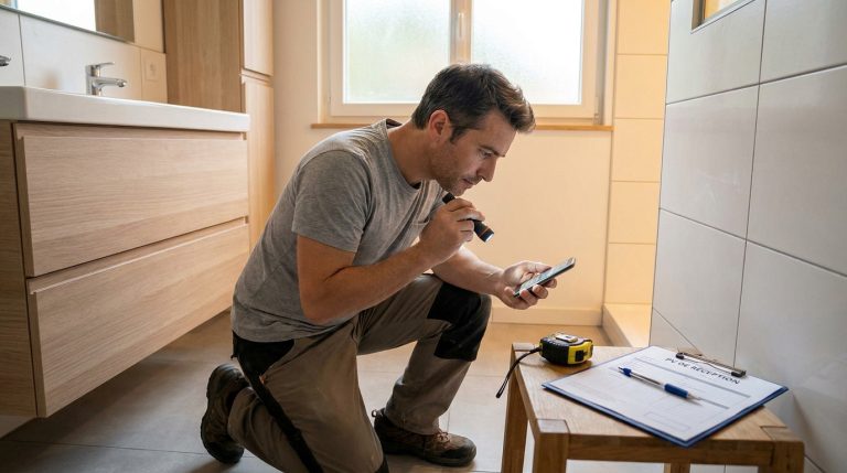 Un homme examine minutieusement une salle de bain avec une lampe torche et un smartphone pour la réception des travaux.