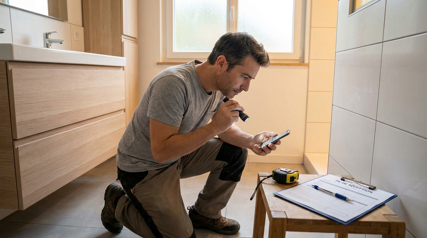 Un homme examine minutieusement une salle de bain avec une lampe torche et un smartphone pour la réception des travaux.