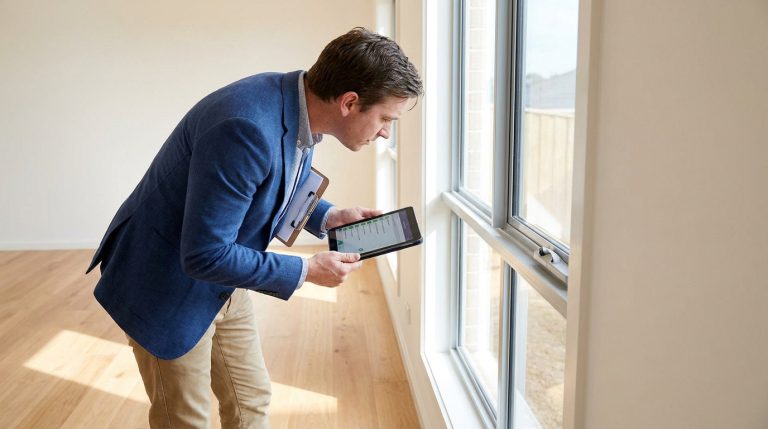 Un professionnel inspecte la fenêtre d'une maison neuve avec une tablette numérique.