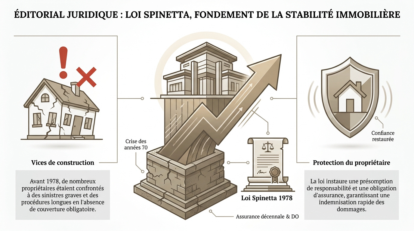 Illustration de la loi Spinetta symbolisant la protection et la stabilité des constructions immobilières en France