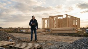 Un homme regarde une ossature de maison en bois inachevée sur un chantier de construction lors d'une journée nuageuse.