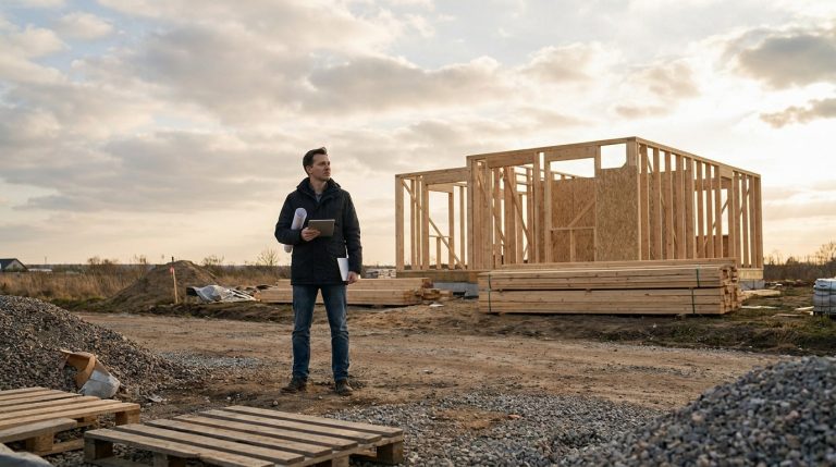 Un homme regarde une ossature de maison en bois inachevée sur un chantier de construction lors d'une journée nuageuse.