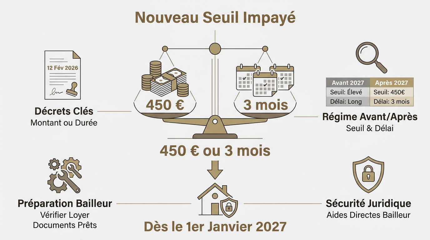 Infographie expliquant le seuil de 450 euros ou 3 mois pour les loyers impayés dès 2027