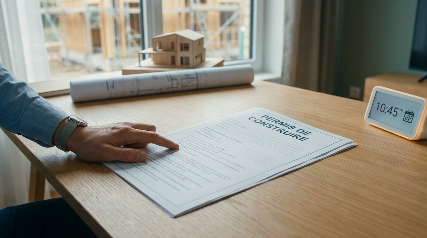 Une personne examinant un formulaire officiel de permis de construire sur un bureau en bois avec une maquette de maison.
