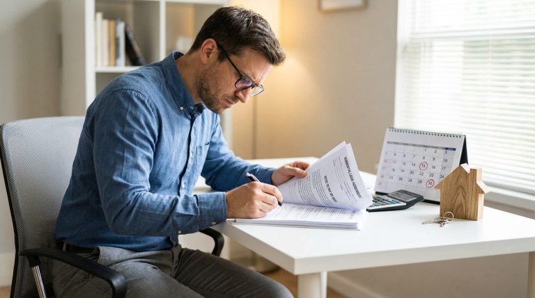 Un homme concentré signe un document de résiliation de bail près d'un calendrier.