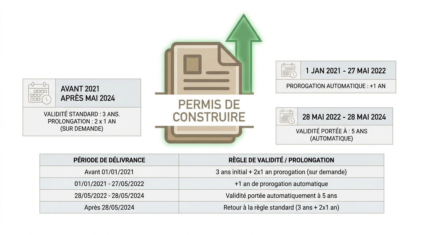 Tableau explicatif de la prorogation automatique des permis de construire selon le décret 2025