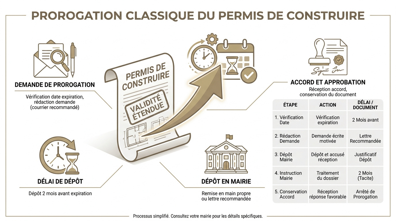 Schéma explicatif des étapes pour prolonger la validité d'un permis de construire