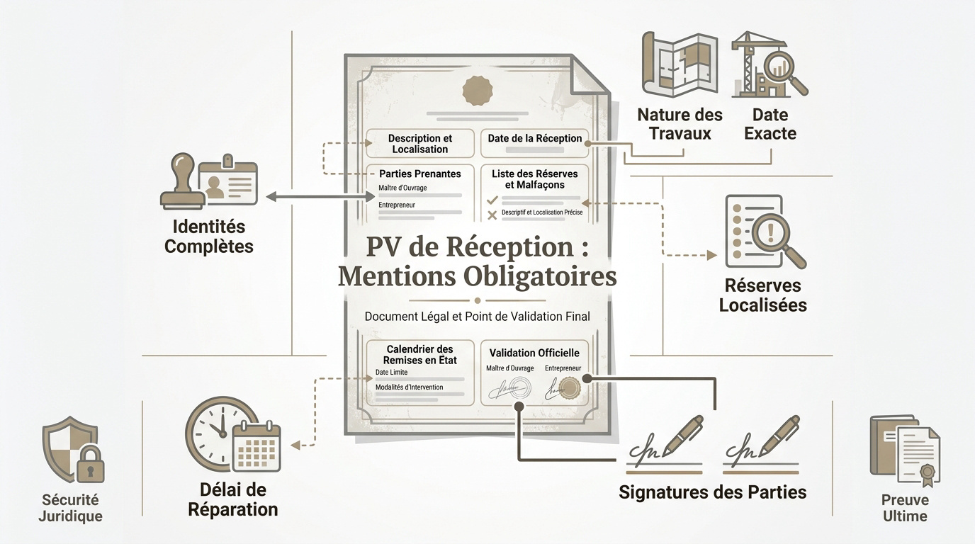 Exemple de formulaire de procès-verbal de réception de travaux avec les champs administratifs à remplir