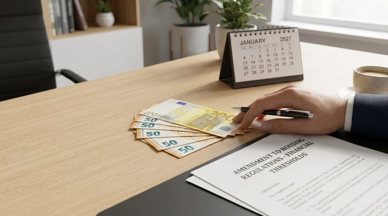 Main posée sur un document officiel de logement à côté de billets en euros et d'un calendrier de janvier 2027 sur un bureau.