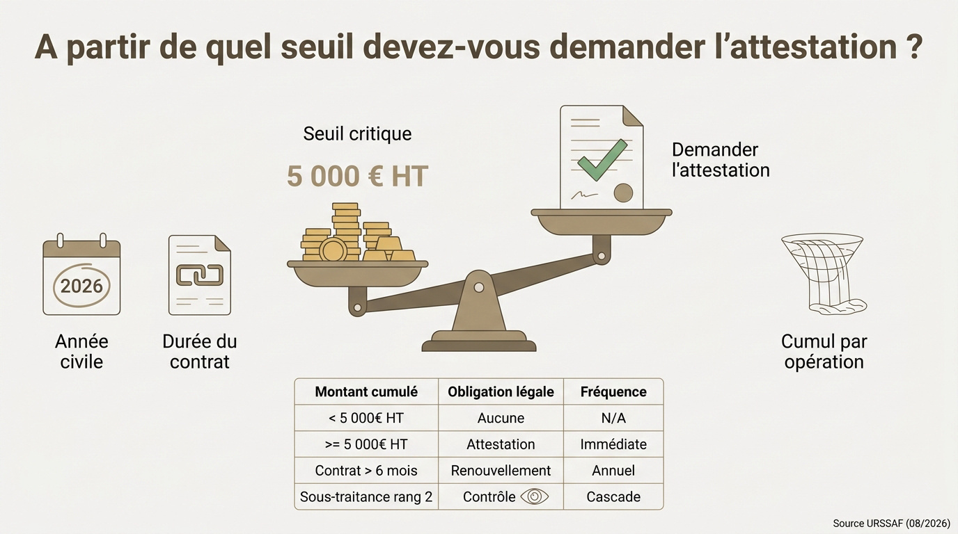 Schéma explicatif du seuil de 5000 euros HT pour l'attestation de vigilance