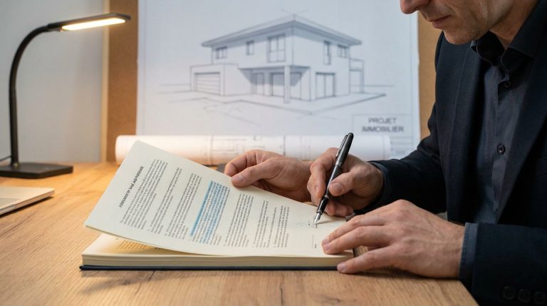 Un homme en costume signe un contrat de construction immobilière devant les plans d'une maison sur un bureau en bois.