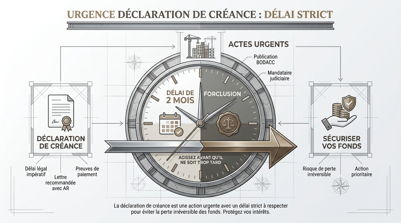 Calendrier et documents juridiques symbolisant l'urgence de la déclaration de créance