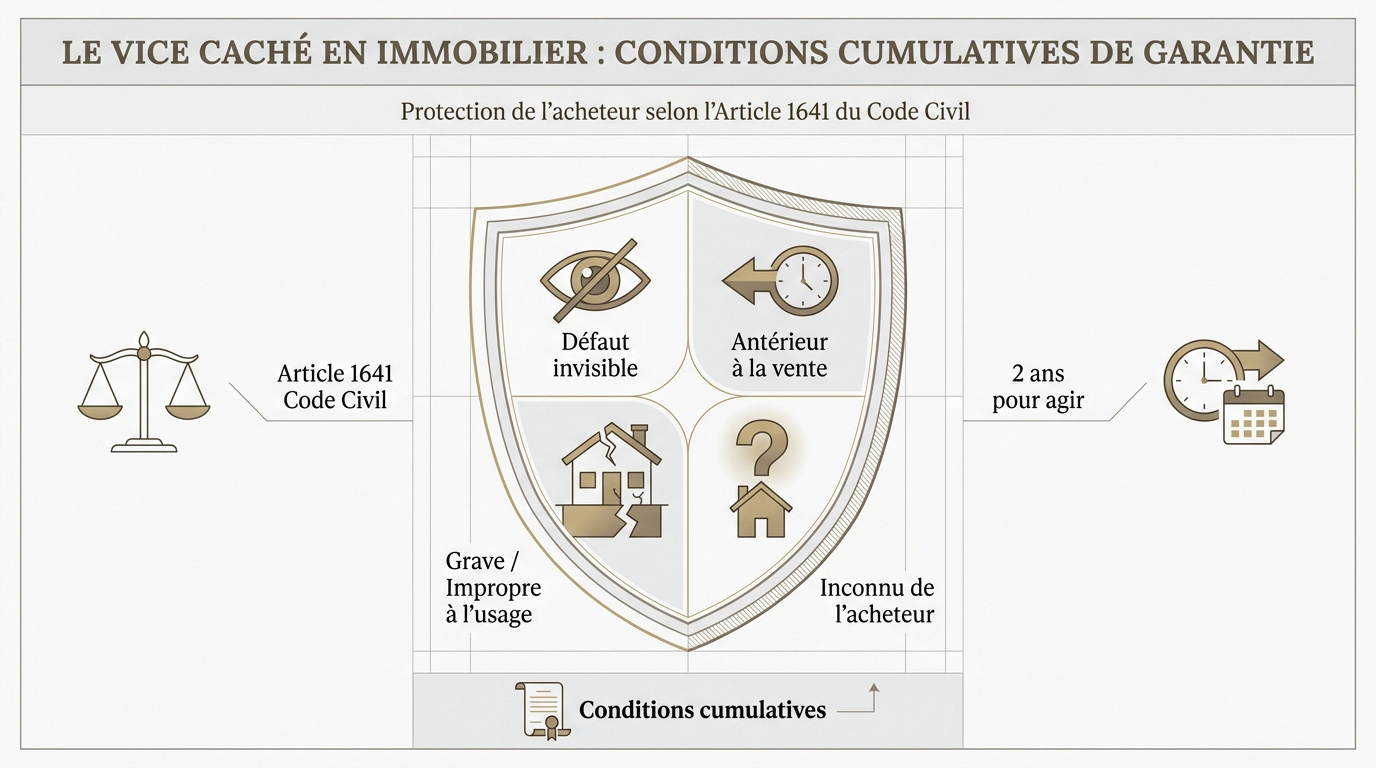 Les 4 conditions cumulatives du vice caché en immobilier : antériorité, gravité, invisibilité et ignorance